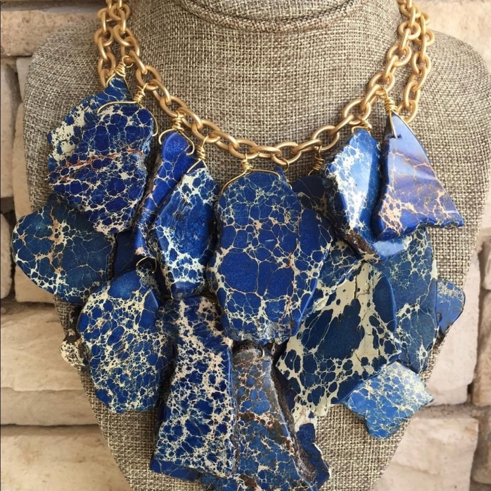 Navy blue double strand jasper slab necklace